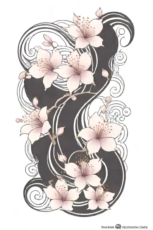 cherry blossom petals on vine with waves going up thigh tattoo design idea