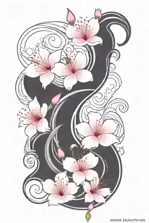 cherry blossom petals on vine with waves going up thigh tattoo design idea