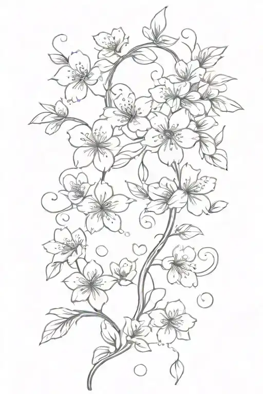 cherry blossom petals on vine with waves going up thigh tattoo design idea