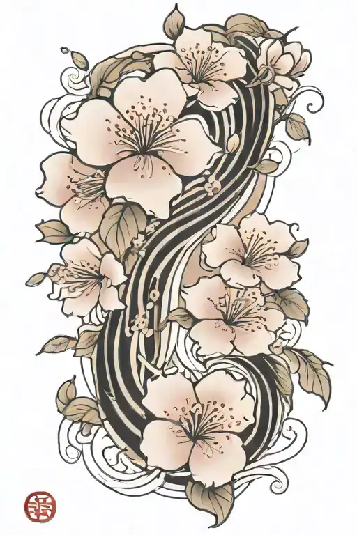 cherry blossom petals on vine with waves going up thigh tattoo design idea