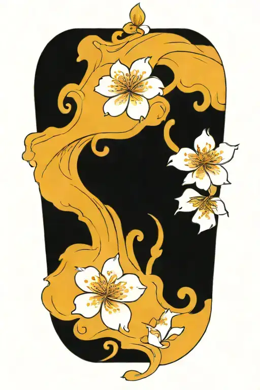 cherry blossom petals on vine with waves going up thigh tattoo design idea
