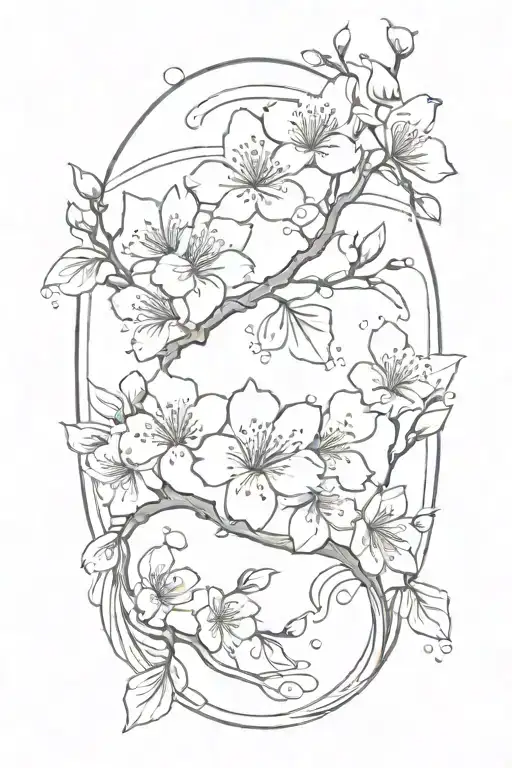 cherry blossom petals on vine with waves going up thigh tattoo design idea