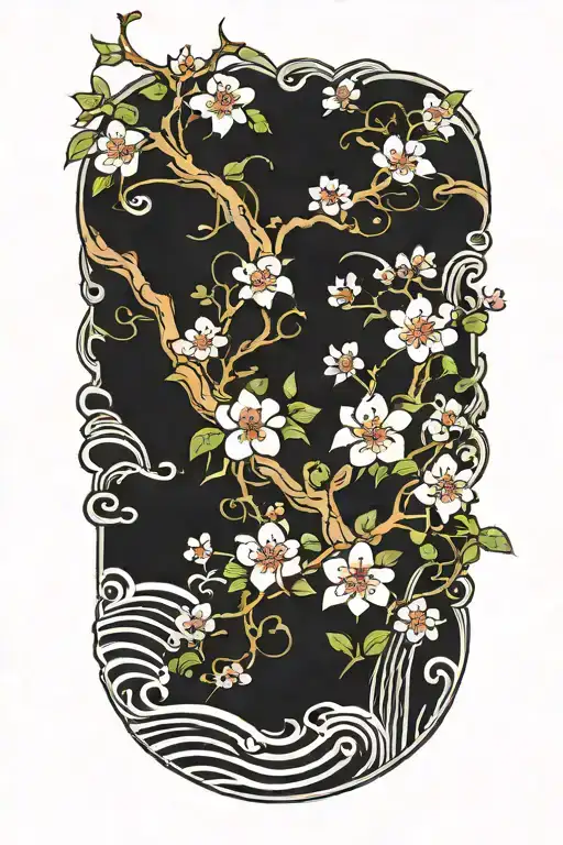 cherry blossom petals on vine with waves going up thigh tattoo design idea