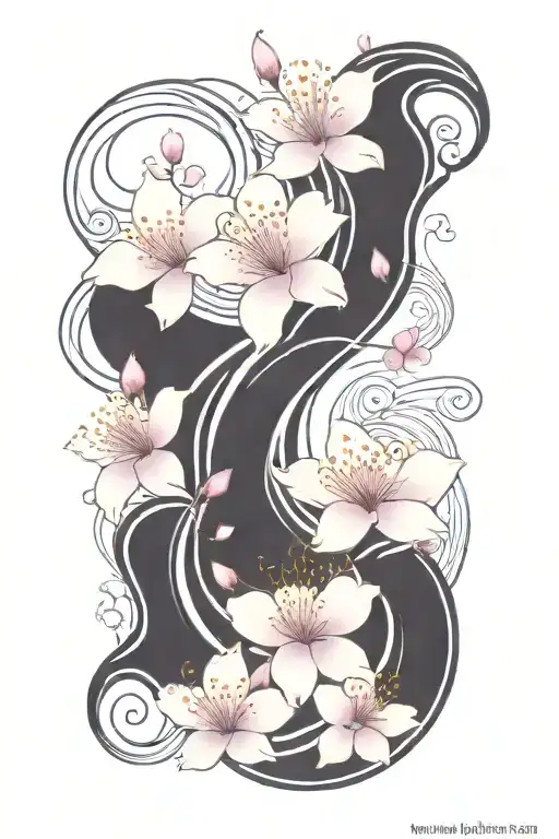 cherry blossom petals on vine with waves going up thigh tattoo design idea