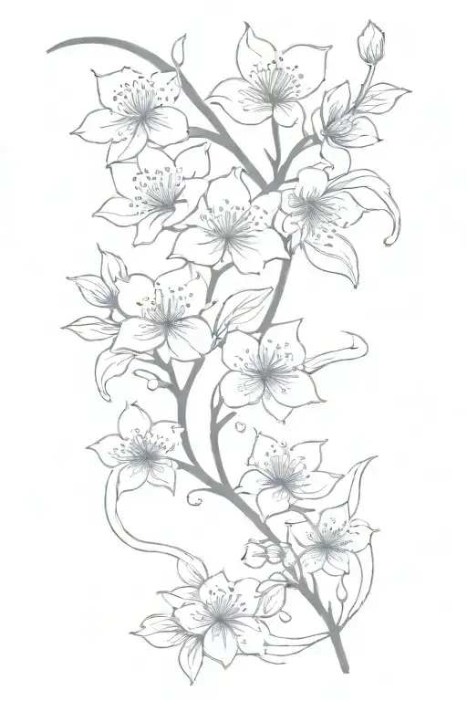 cherry blossom petals on vine with waves going up thigh tattoo design idea
