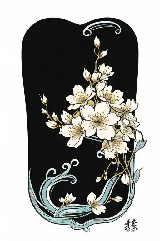 cherry blossom petals on vine with waves going up thigh tattoo design idea