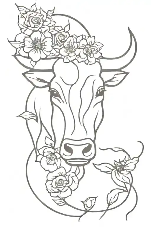 Taurus bull head and flowers tattoo design idea