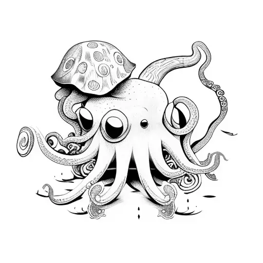 A joyful octopus playing a guitar surrounded by colorful mushrooms tattoo design idea