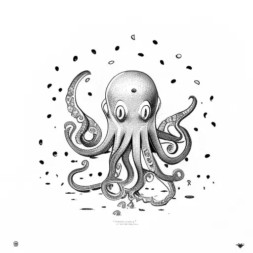 A joyful octopus playing a guitar surrounded by colorful mushrooms tattoo design idea