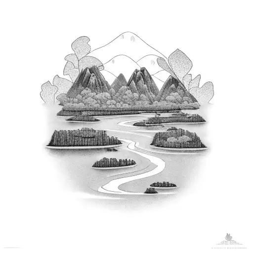 A serene landscape with a leaf-shaped island and a river flowing through it tattoo design idea