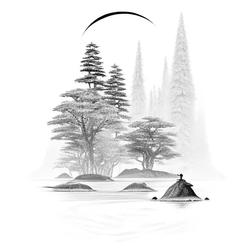 A serene landscape with a leaf-shaped island and a river flowing through it tattoo design idea