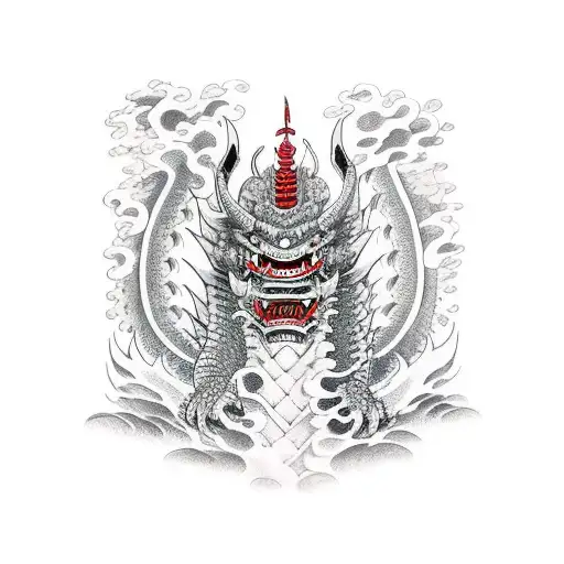 dragon coming out of oni mask tattoo design idea