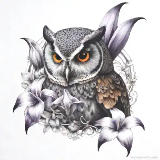 owl surrounded by deep purple cala lily tattoo design idea