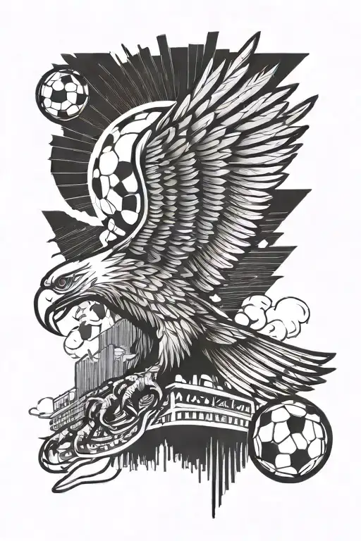 A stylized Colombian eagle soaring above a soccer stadium tattoo design idea