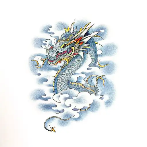 dragon with clouds and sakuras tattoo design idea