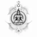 I'd like a tattoo featuring Lord Shiva, with his entire body in solid black. Along his spine, I want the seven chakras d tattoo design idea
