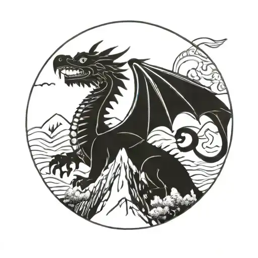welsh dragon and mountain scene tattoo design idea