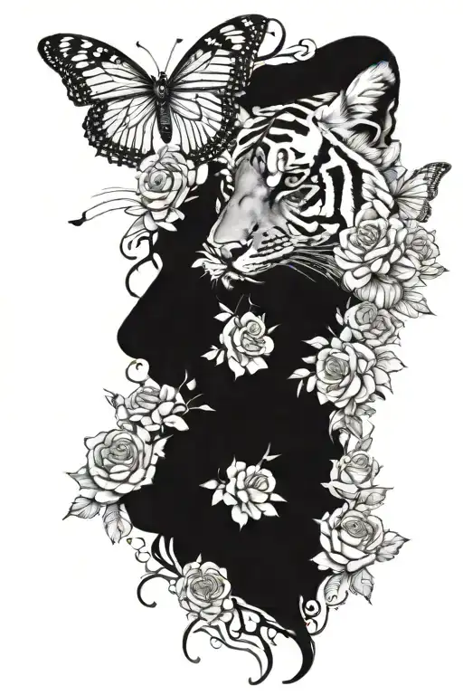half a head of a tiger other half 3 butterflies surrounded by roses  tattoo design idea