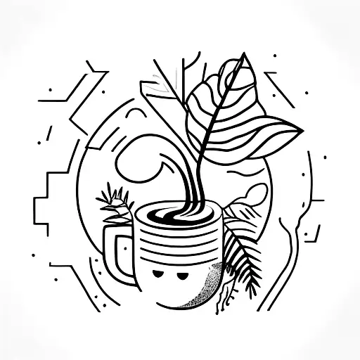 A cat curled up inside a coffee cup surrounded by indoor plants tattoo design idea