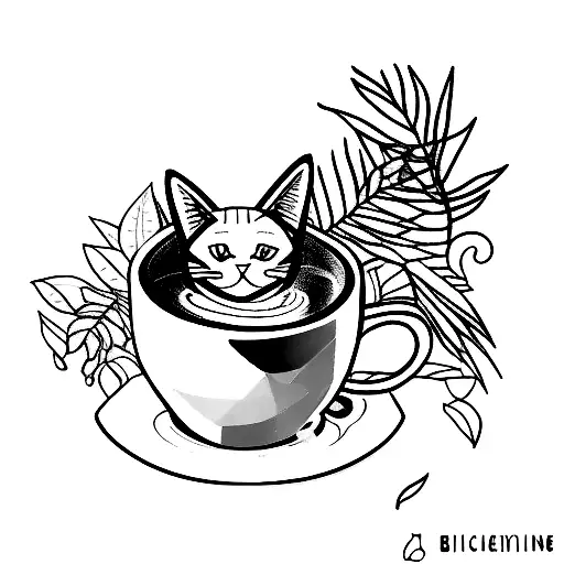 A cat curled up inside a coffee cup surrounded by indoor plants tattoo design idea