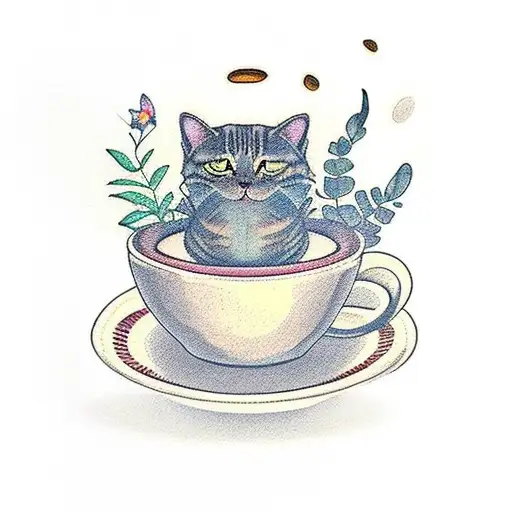 A cat curled up inside a coffee cup surrounded by indoor plants, cozy and cute tattoo tattoo design idea