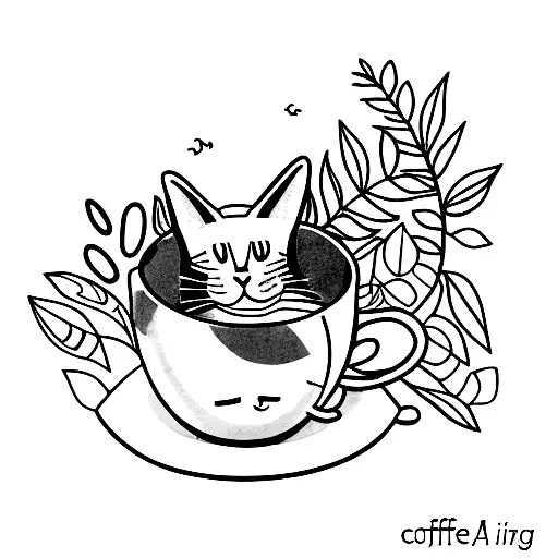 A cat curled up inside a coffee cup surrounded by indoor plants tattoo design idea