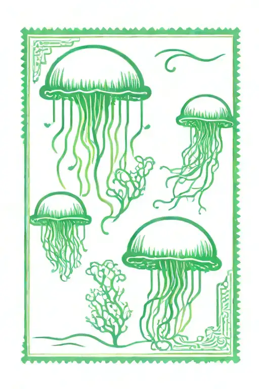 Postage stamp with jellyfish and coral reef  in green shades tattoo design idea