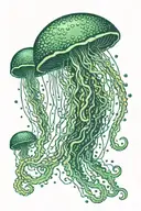 Postage stamp with jellyfish and coral reef  in green shades tattoo design idea