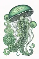 Postage stamp with jellyfish and coral reef  in green shades tattoo design idea