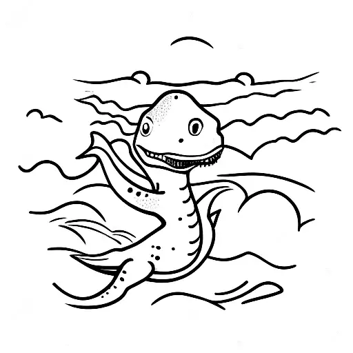 A cute dinosaur playing with children in a wave-filled ocean tattoo design idea