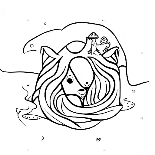 A melancholic housewife surrounded by adorable creatures riding on waves tattoo design idea