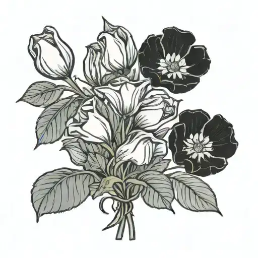 can you create a tiny minimalist thin black tattoo of a bouquet of flowers containing a morning glory, tulip, and a narc tattoo design idea