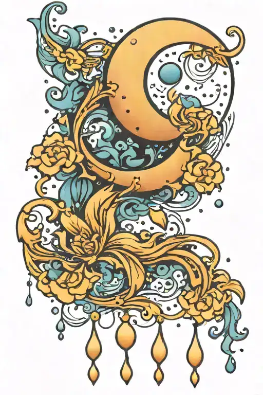 moon surronded by water droplets flowing tattoo design idea