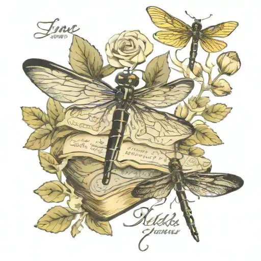 Jane Austen book title and a dragonfly hovering  tattoo design idea