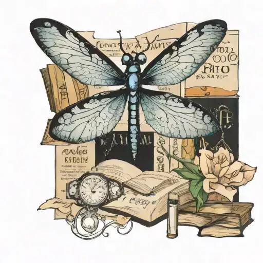 classic book titles and a dragonfly hovering tattoo design idea