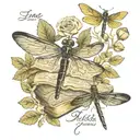 Jane Austen book title and a dragonfly hovering  tattoo design idea