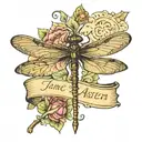 Jane Austen book title and a dragonfly hovering  tattoo design idea