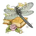 Jane Austen book title and a dragonfly hovering  tattoo design idea