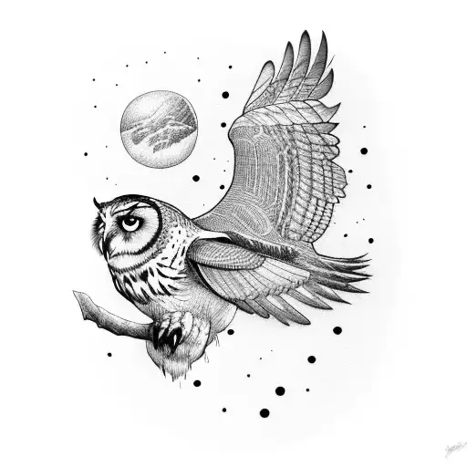 Owl and raven flying into the sunset wingtip to wingtip looking back with kind eyes tattoo design idea