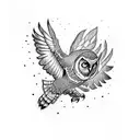 Owl and raven flying into the sunset wingtip to wingtip looking back with kind eyes tattoo design idea