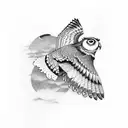 Owl and raven flying into the sunset wingtip to wingtip looking back with kind eyes tattoo design idea