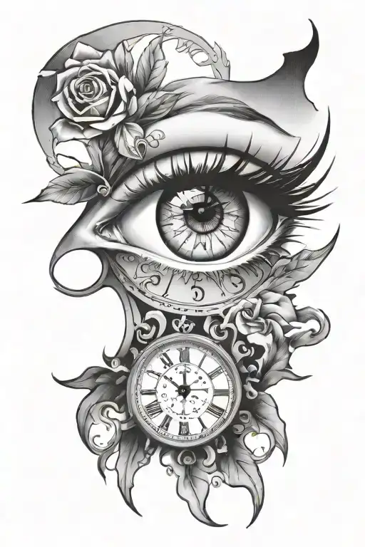 eye tattoo and clock embedded tattoo design idea