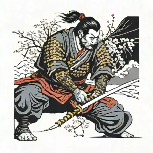 japanese samurai in a field of cherro blossons on his knees tattoo design idea