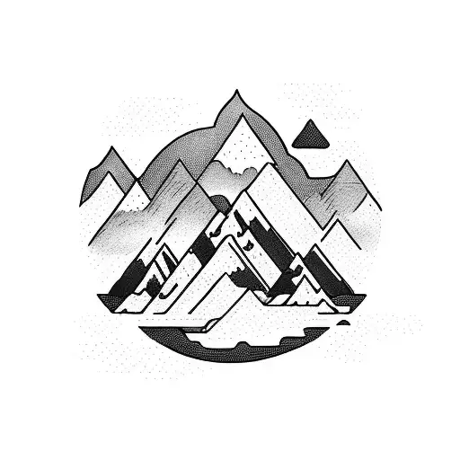 a mountain scene where a person is skydiving on top and below people are riverrafting tattoo design idea