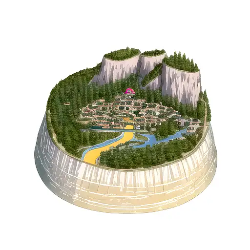 a mountain scene where a person is skydiving on top and below people are riverrafting tattoo design idea