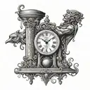 grandfather clock with hourglass, hands point at 1,2,6.  Medusa as the ace of hearts attacking king of hearts, tribal tattoo design idea