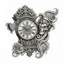 grandfather clock with hourglass, hands point at 1,2,6.  Medusa as the ace of hearts attacking king of hearts, tribal tattoo design idea