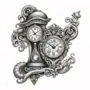 grandfather clock with hourglass, hands point at 1,2,6.  Medusa as the ace of hearts attacking king of hearts, tribal tattoo design idea