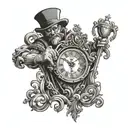 grandfather clock with hourglass, hands point at 1,2,6.  Medusa as the ace of hearts attacking king of hearts, tribal tattoo design idea