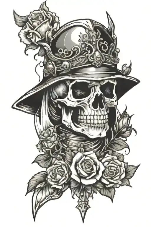 knight, skull, roses, fingers outstretched eye tattoo design idea